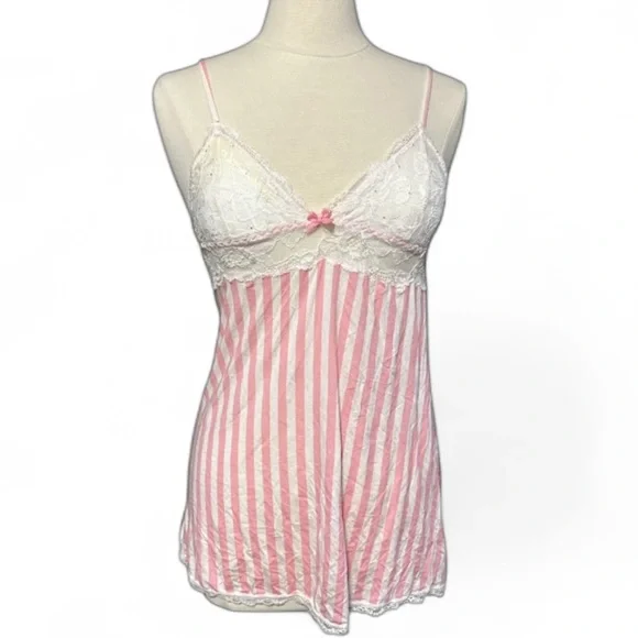 Victoria’s Secret NWT Pink White Lace Striped Chemise Slip Nightie Size Small - Picture 1 of 8